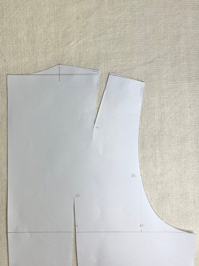 Back bodice block with shoulder dart closed to assess alignment and fix uneven shoulder shaping.