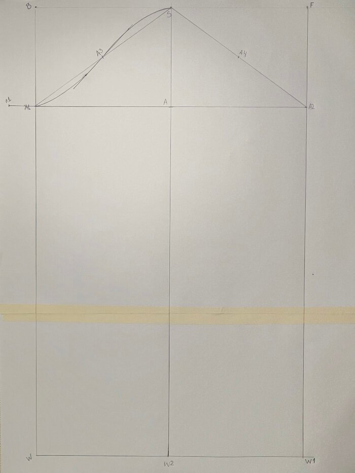 Shaping the front sleeve armhole curve using measured angles and curved rulers.