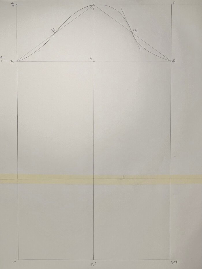 Shaping the front sleeve armhole curve using measured angles and curved rulers.