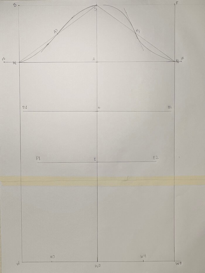 Measuring and marking the wrist width on the sleeve block layout.