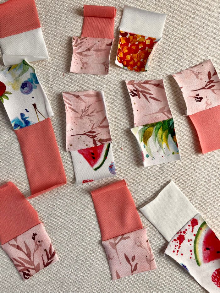 Patchwork fabric scrap sewing in pairs for a heart shaped coaster