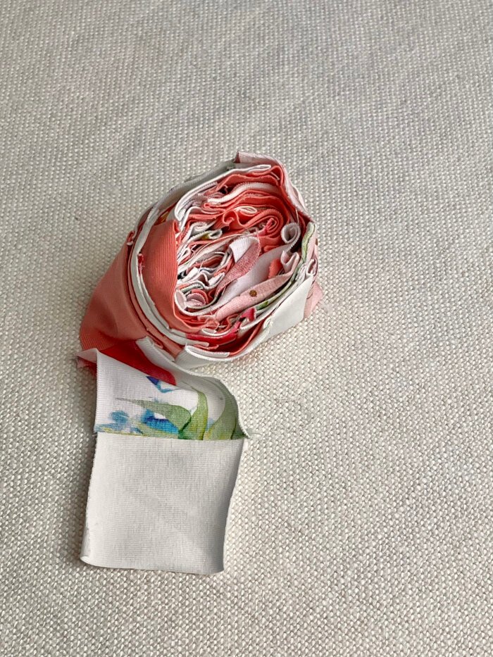 Patchwork fabric scrap chains prepared for a heart shaped coaster