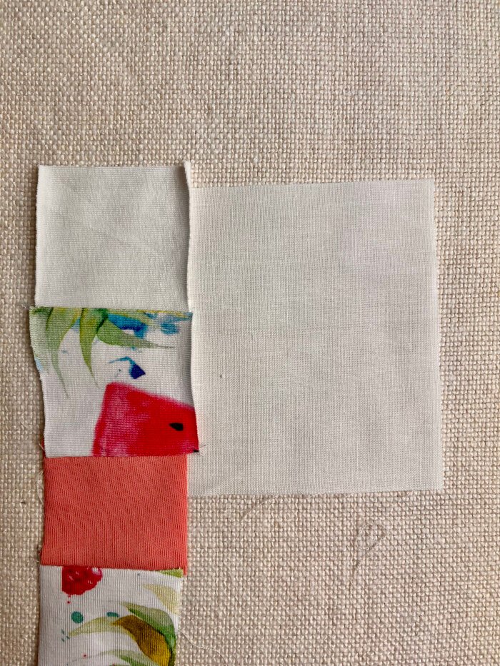 Sewing fabric scrap strips onto backing fabric for a quilted coaster