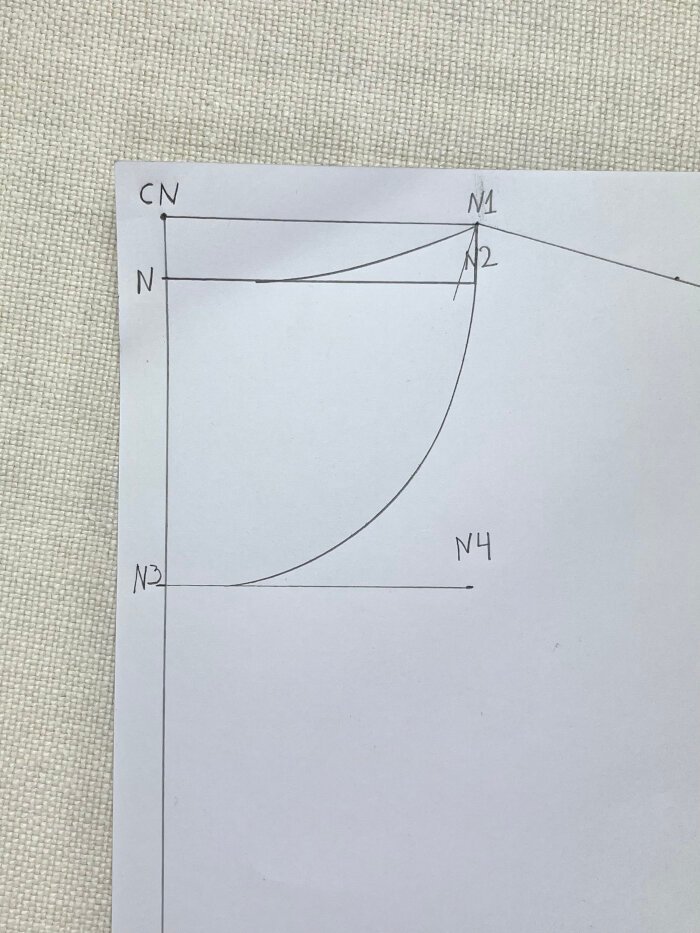 Comparing front and back neckline shapes on a self-drafted T-shirt bodice