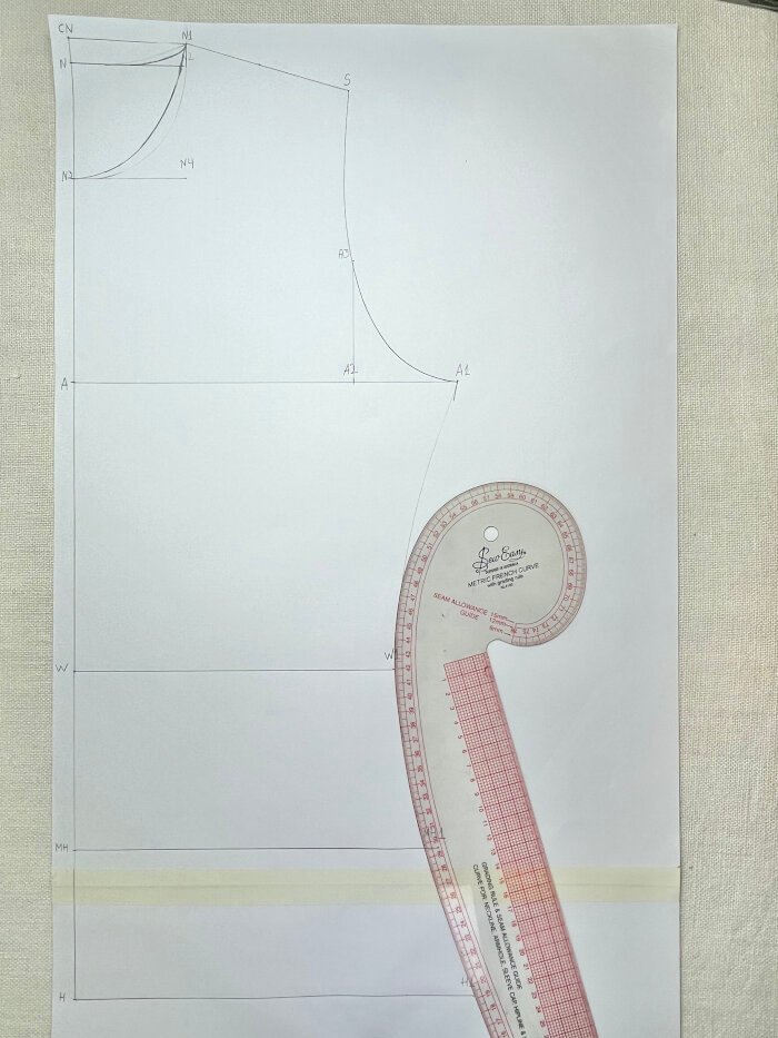 Drafting side seams on a basic T-shirt bodice block from bust to hip