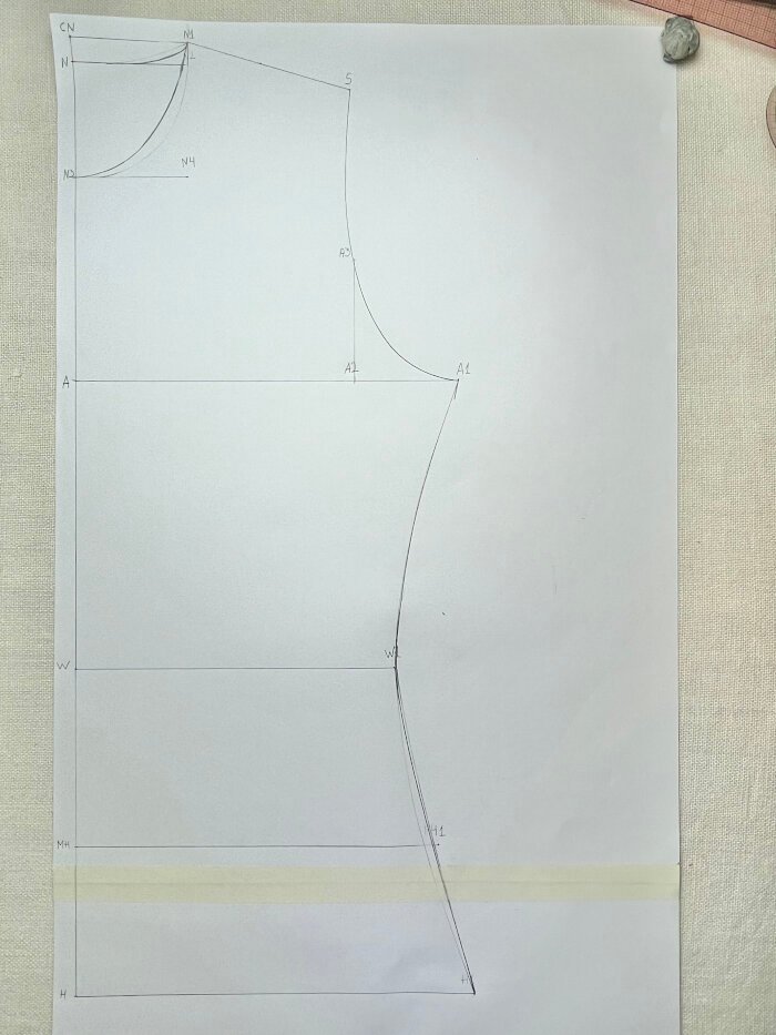 Drafting side seams on a basic T-shirt bodice block from bust to hip