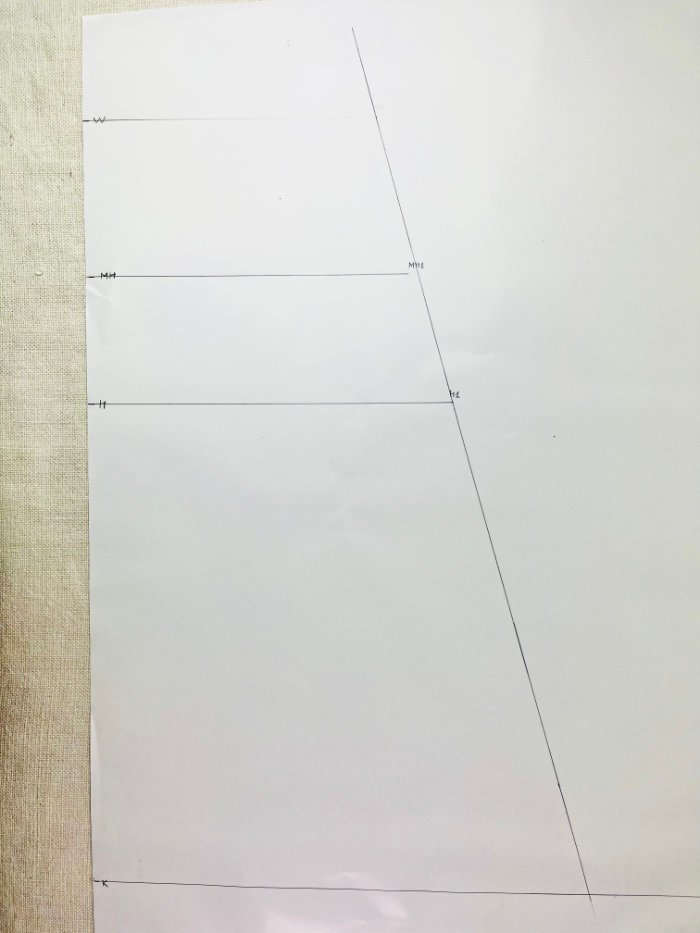 Creating the side seam of an A-line skirt pattern using a ruler