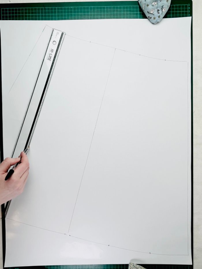 How to Draft a Wrap Skirt Sewing Pattern from an A-Line Block (Beginner Pattern Drafting Tutorial) Connecting waist and hem overlap points to form wrap skirt front edge