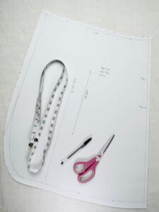 Completed wrap skirt pattern pieces laid out for cutting