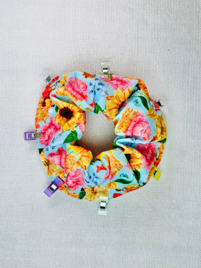 How to Sew a Hair Scrunchie: 4 Easy Methods Using Less Fabric (Beginner-Friendly) Pinning raw edges together before applying bias tape to hair scrunchie