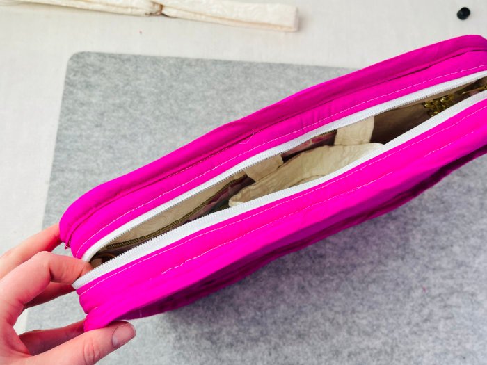 Clean finished interior seam with handmade bias binding