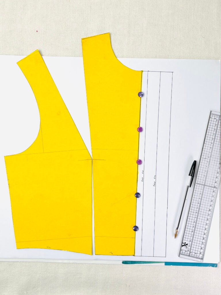 How to Draft a Button Stand (Step-by-Step Pattern Drafting Tutorial) Front bodice pattern with button stand extension drafted from centre front line