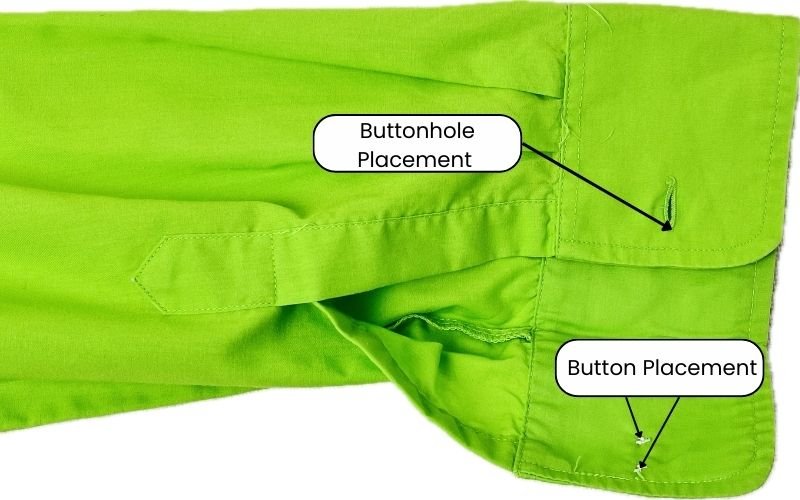 A shirt sleeve cuff showing buttonhole and button placement