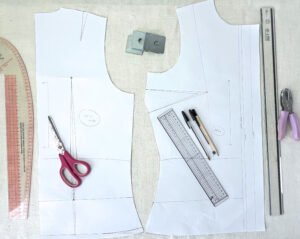 How to Modify a Basic Bodice Block for a Shirt Pattern (Step-by-Step) modifying basic bodice block into shirt pattern – front and back drafted pieces overview