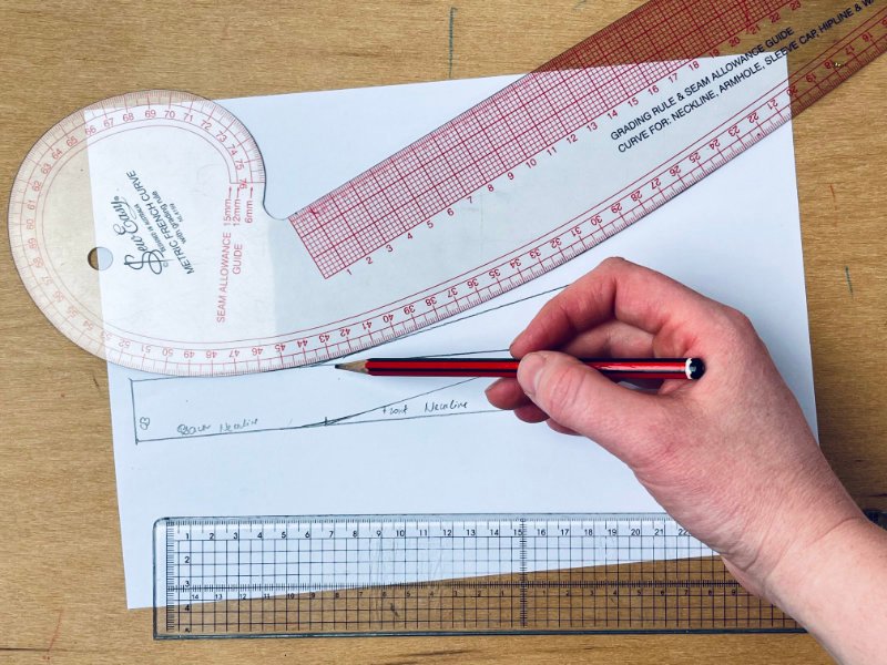 How to Draft a Collar Stand Sewing Pattern (Step-by-Step Tutorial) smoothing collar stand top edge with French curve