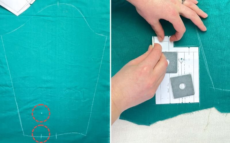 Transferring sleeve placket slit markings onto fabric using chalk and ruler
