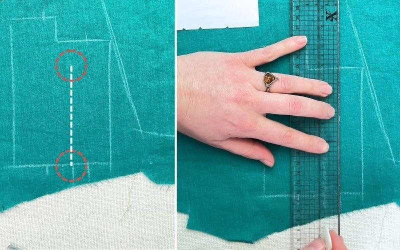Connecting sleeve placket slit markings onto fabric using soap and ruler