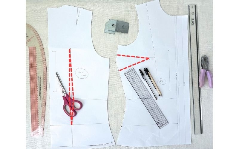 How to Sew Darts on a Shirt: Precise Marking, Transfer and Sewing Tutorial shirt pattern with bust waist and back darts highlighted for shaping