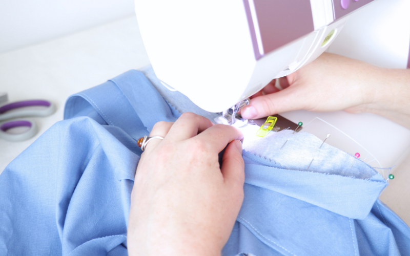 Sewing the collar stand to the neckline of a handmade shirt dress