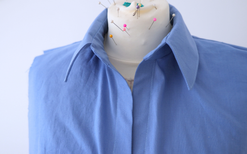 Finished collar and collar stand attached to a handmade shirt dress